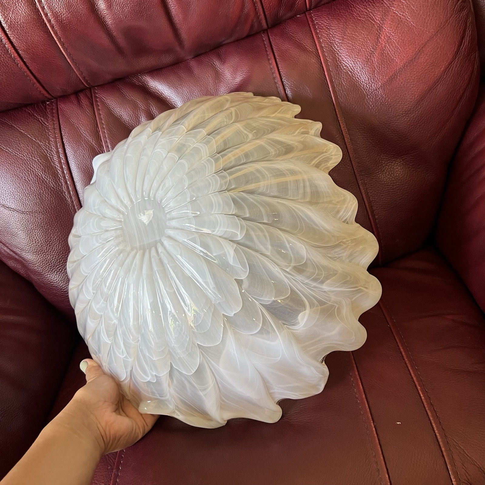 Murano Art Glass XL White Cream Freeform 3-Leaf Clover Center Bowl Italy 16″dia