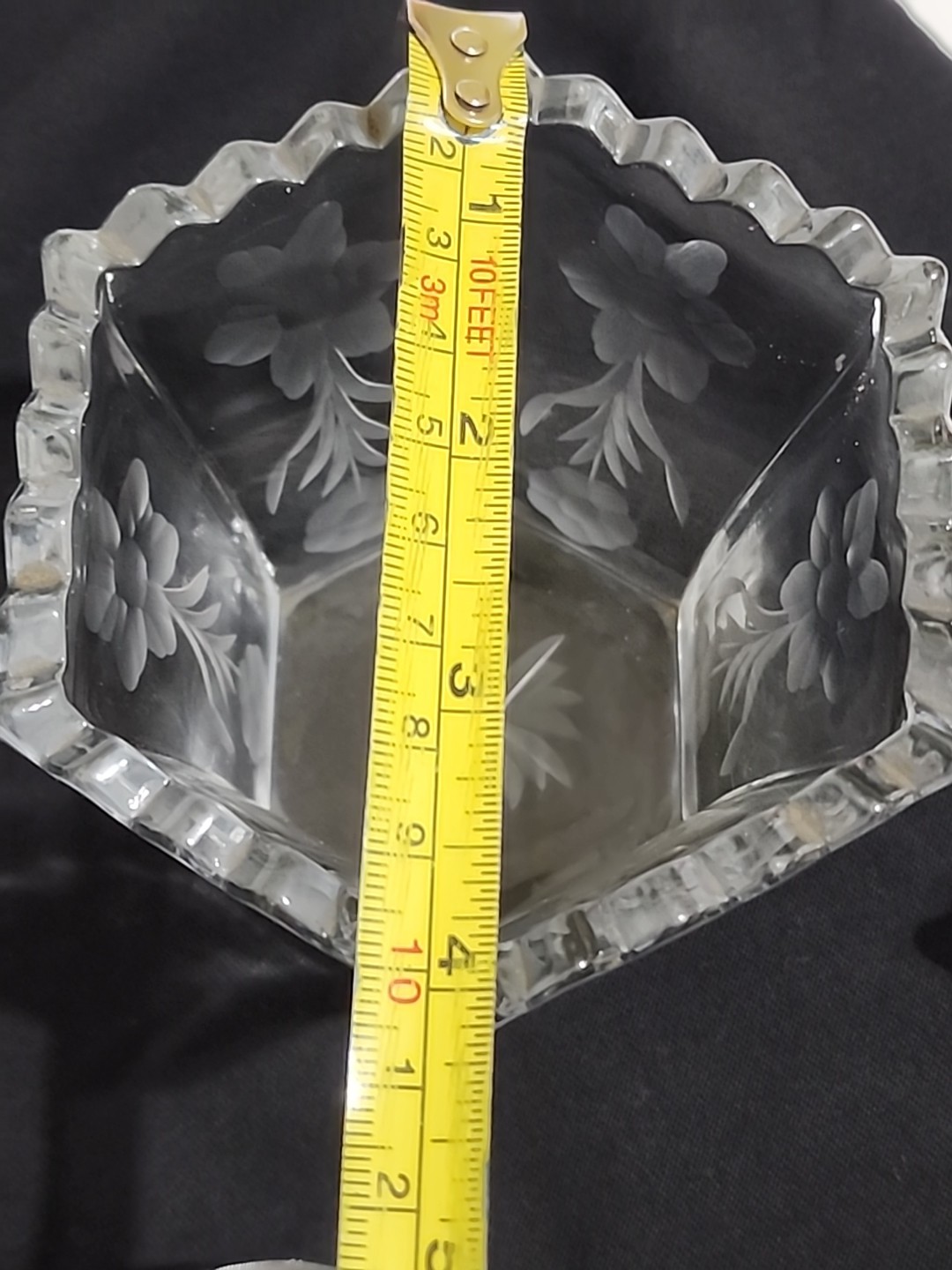 VTG FLORAL Etched GLASS Mayo Bowl Set Ladle Underplate SCALLOPED Hexagon Nice