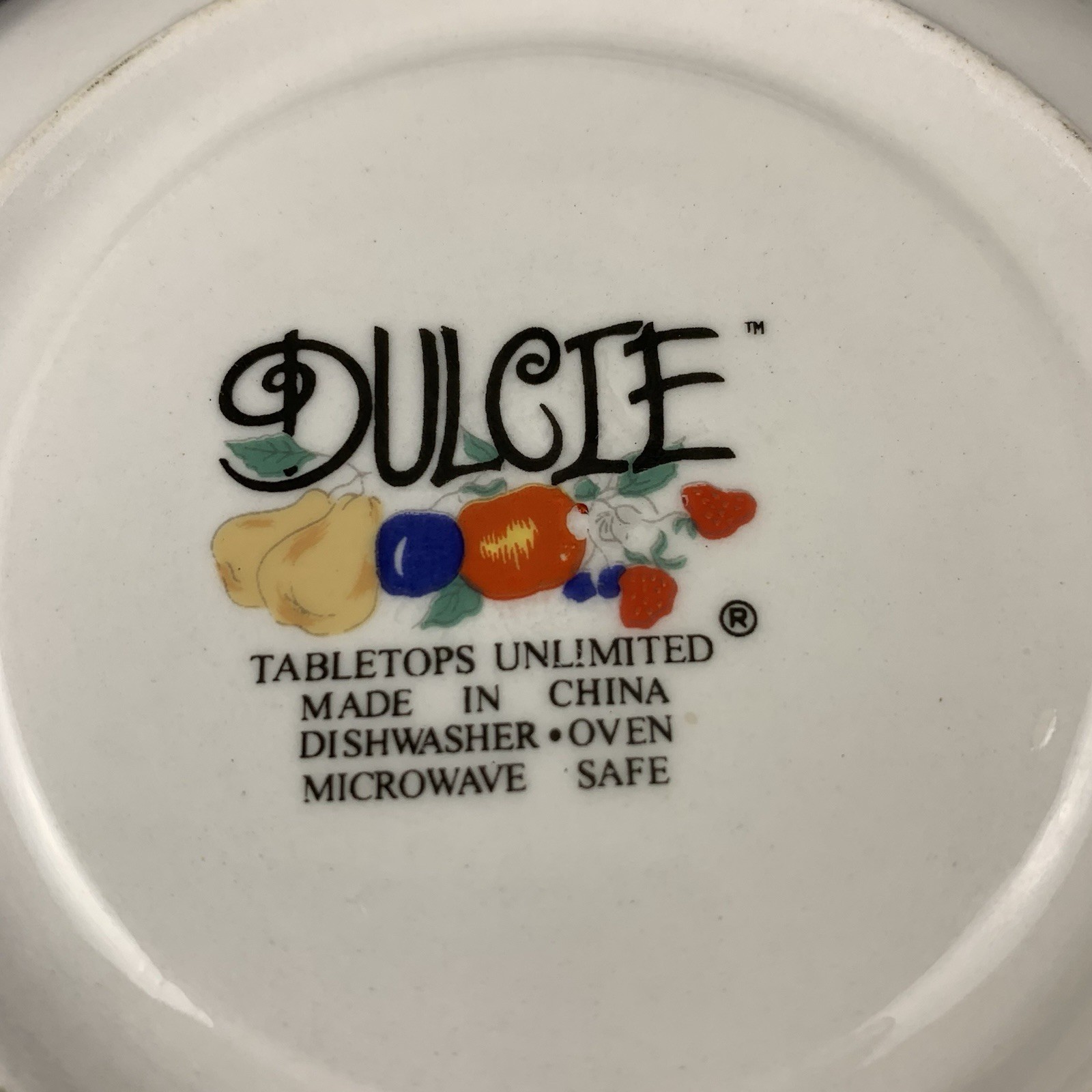 2 Tabletops Unlimited Dulcie Saucers w Colorful Fruit and Leaves Replacements