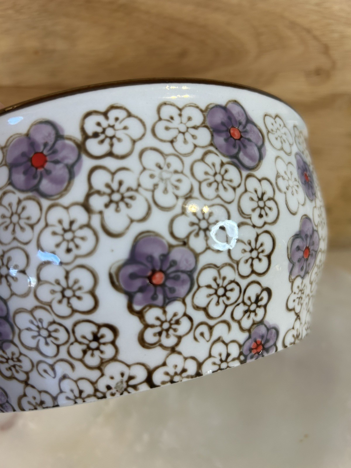 Yokohama Studio Hand Painted Japanese Rice Bowl 7” Floral Daisy Purple White EUC