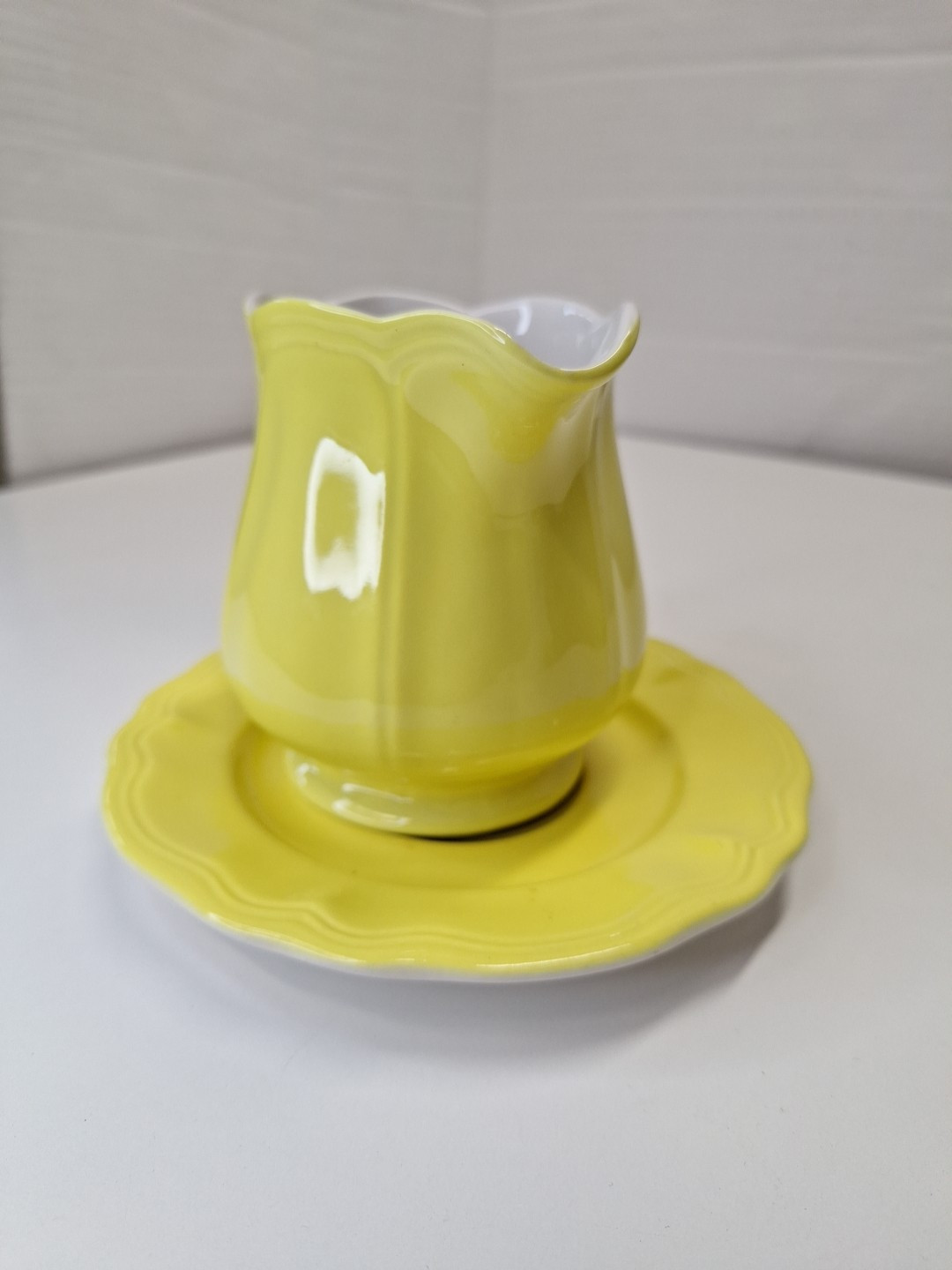 Ironstone Japan Yellow Ceramic Creamer Pitcher w Saucer Plate 4.5″H x 5.5″W
