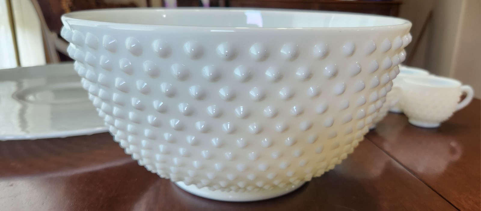 Vintage Fenton Hobnail Milk Glass Punch Bowl Set 9 Cups~