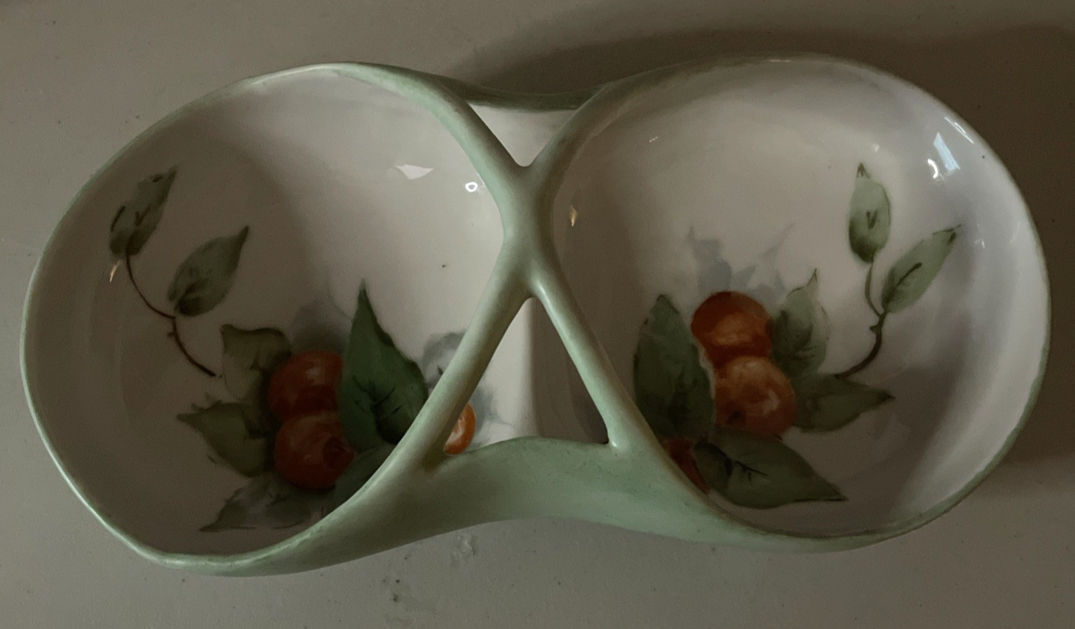 Vintage Apple Fruit Ceramic Relish Candy Nut Green Server w/ Handle Signed Etter