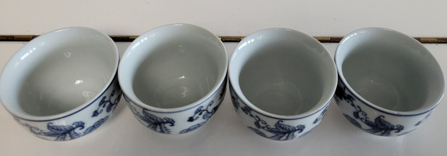 4 PIER 1 IMPORTS PORCELAIN TEA CUPS WHITE AND BLUE 2.25 INCHES HOLDS 6 OZS