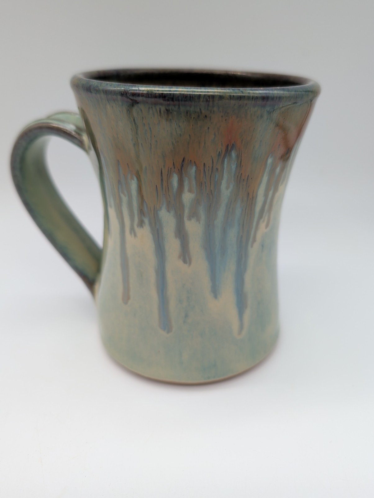 Studio Pottery Hand Thrown Stoneware Hourglass Mug Green Copper Drip Glaze