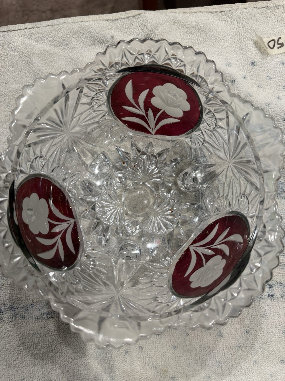 Clear Cut Glass 3-Footed Round Bowl Red Panels White Floral Decorative