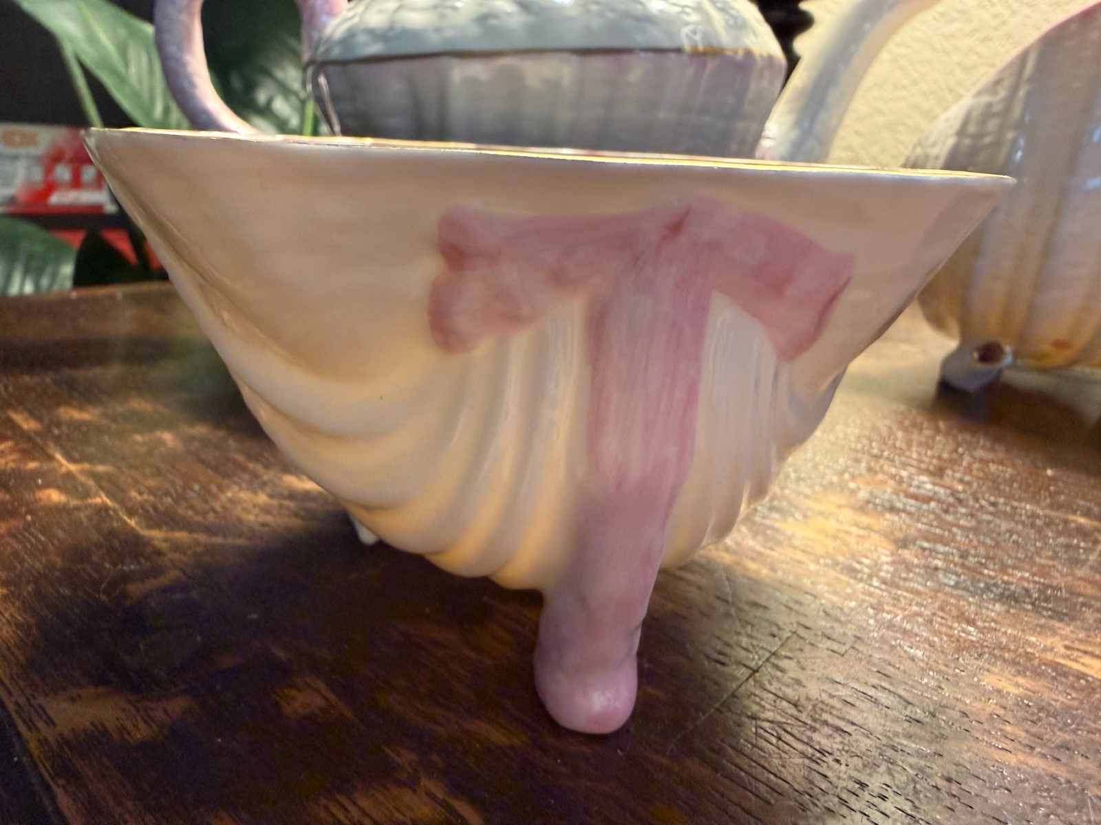 BELLEEK PINK NEPTUNE SEA SHELLS TEAPOT, SUGAR BOWL, CREAMER MINT CONDITION