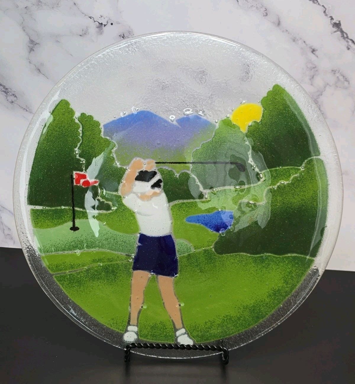 Vintage Peggy Karr Signed Fused Glass Lady Woman Golfer Plate 11.25″ Golf