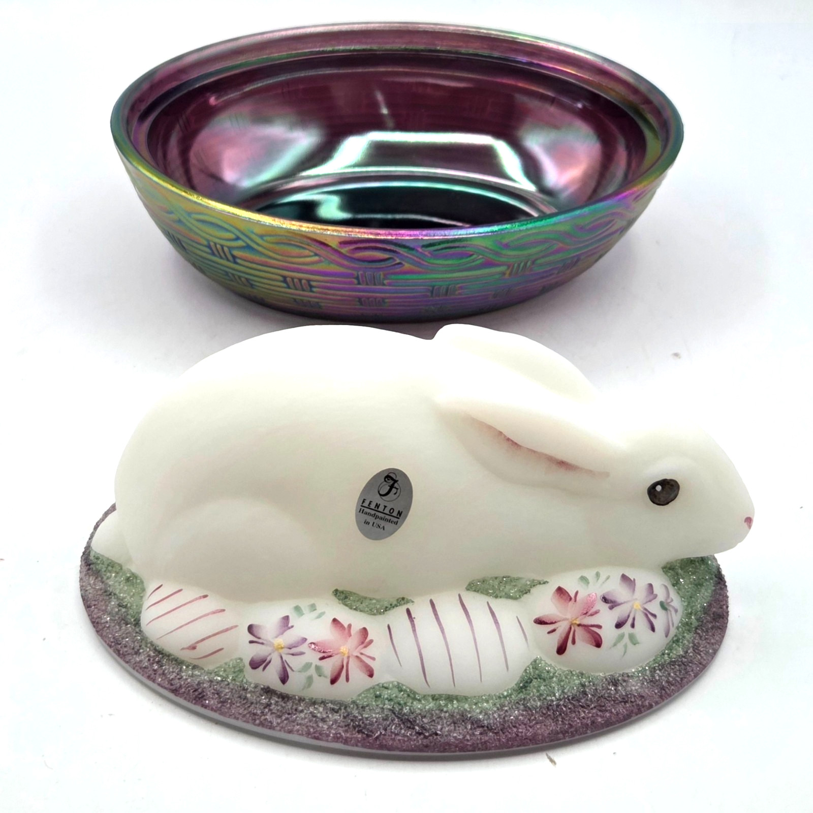 FENTON COVERED EASTER BUNNY DISH Irridescent Nest HAND PAINTED SIGNED by ARTIST