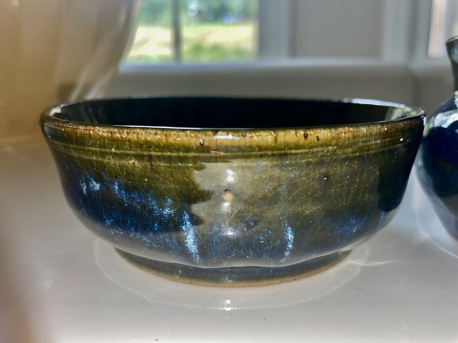 2 Pc Signed Studio Pottery Planter / Saucer Moody Blue Drip Ceramic Hand Thrown