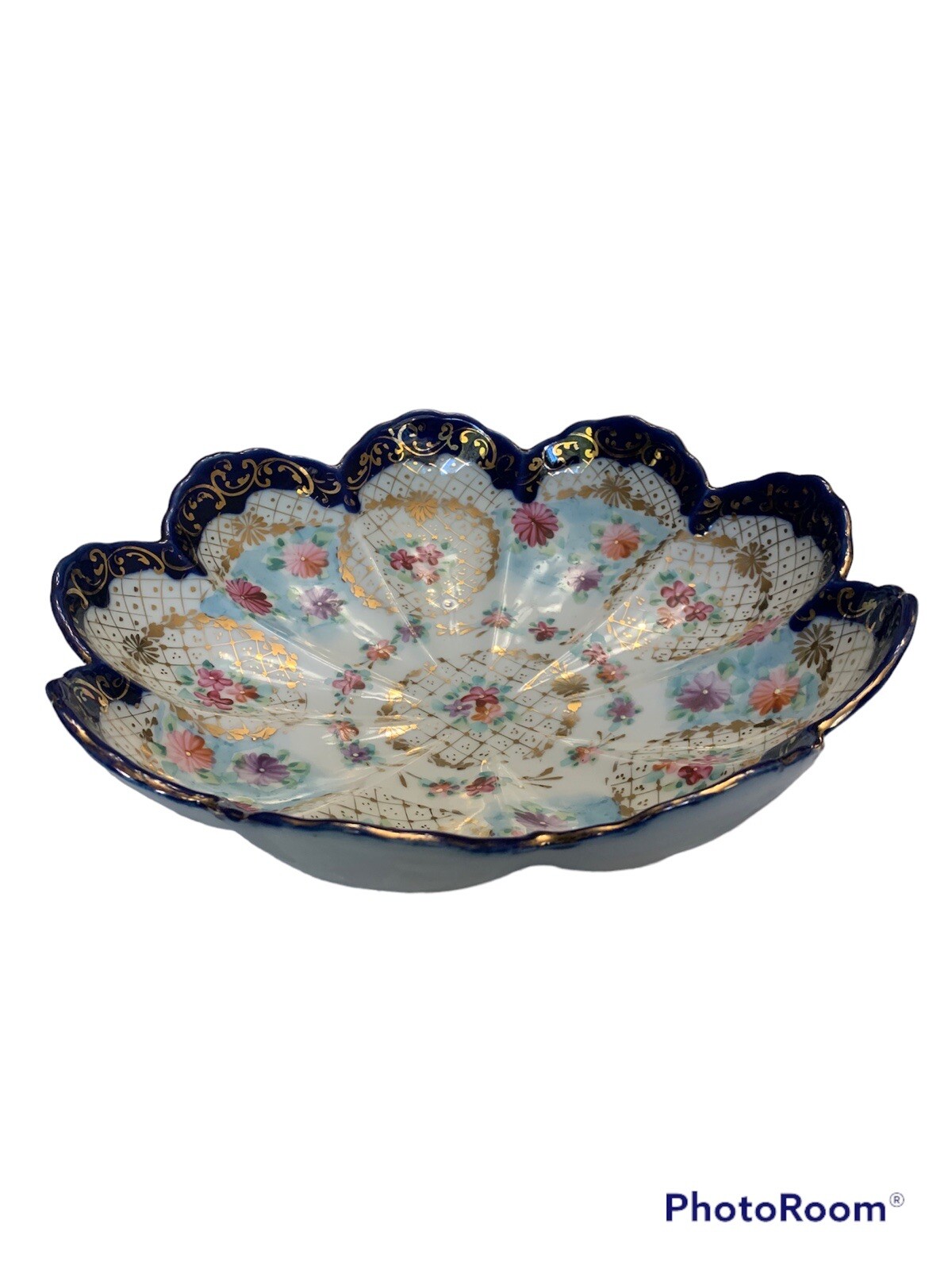 Antique Nippon Hand Painted Gold Cobalt Blue PINK & YELLOW FLOWERS Serving Bowl