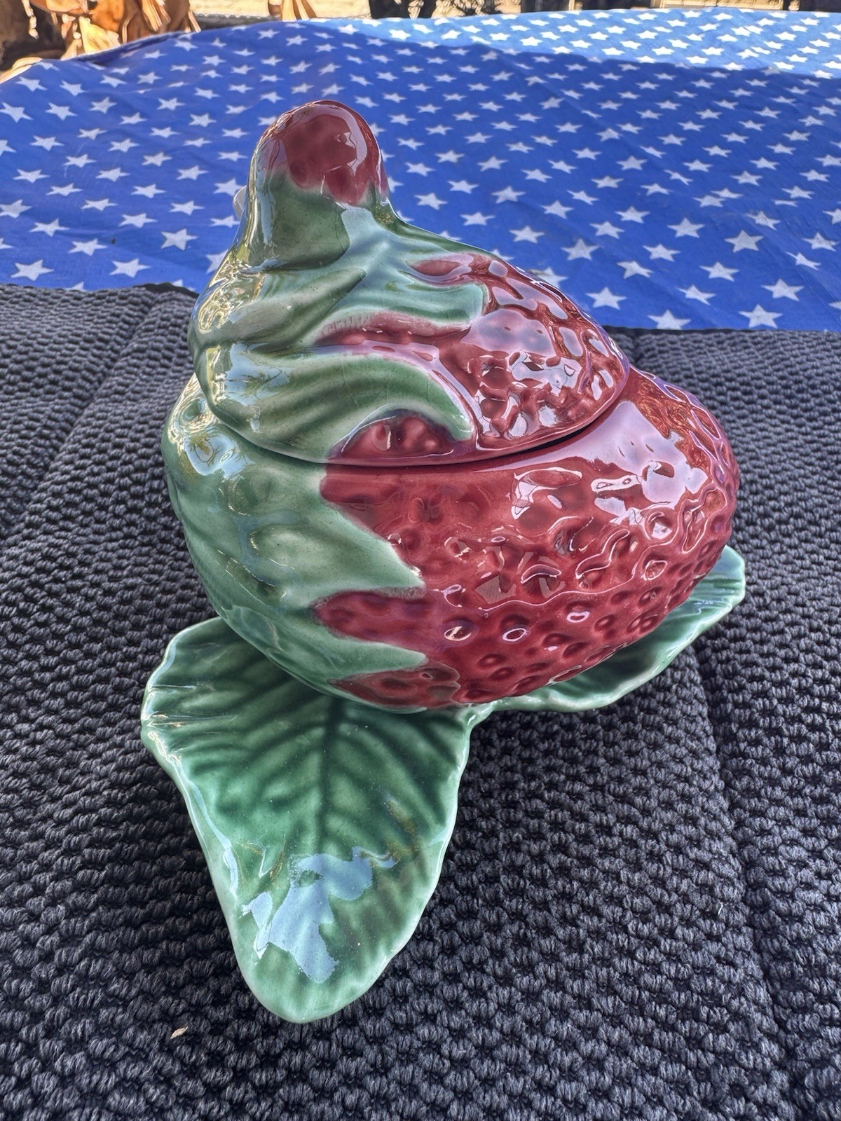 VTG Bordallo Pinheiro Majolica Strawberry Condiment Dish-Lid, Spoon
