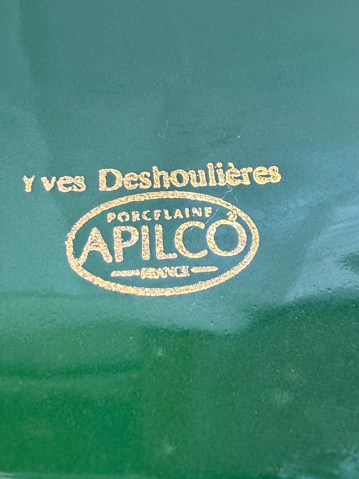 Apilco Yves Deshoulieres French Porcelain Bistro Cup and Saucer Green Gold VGC