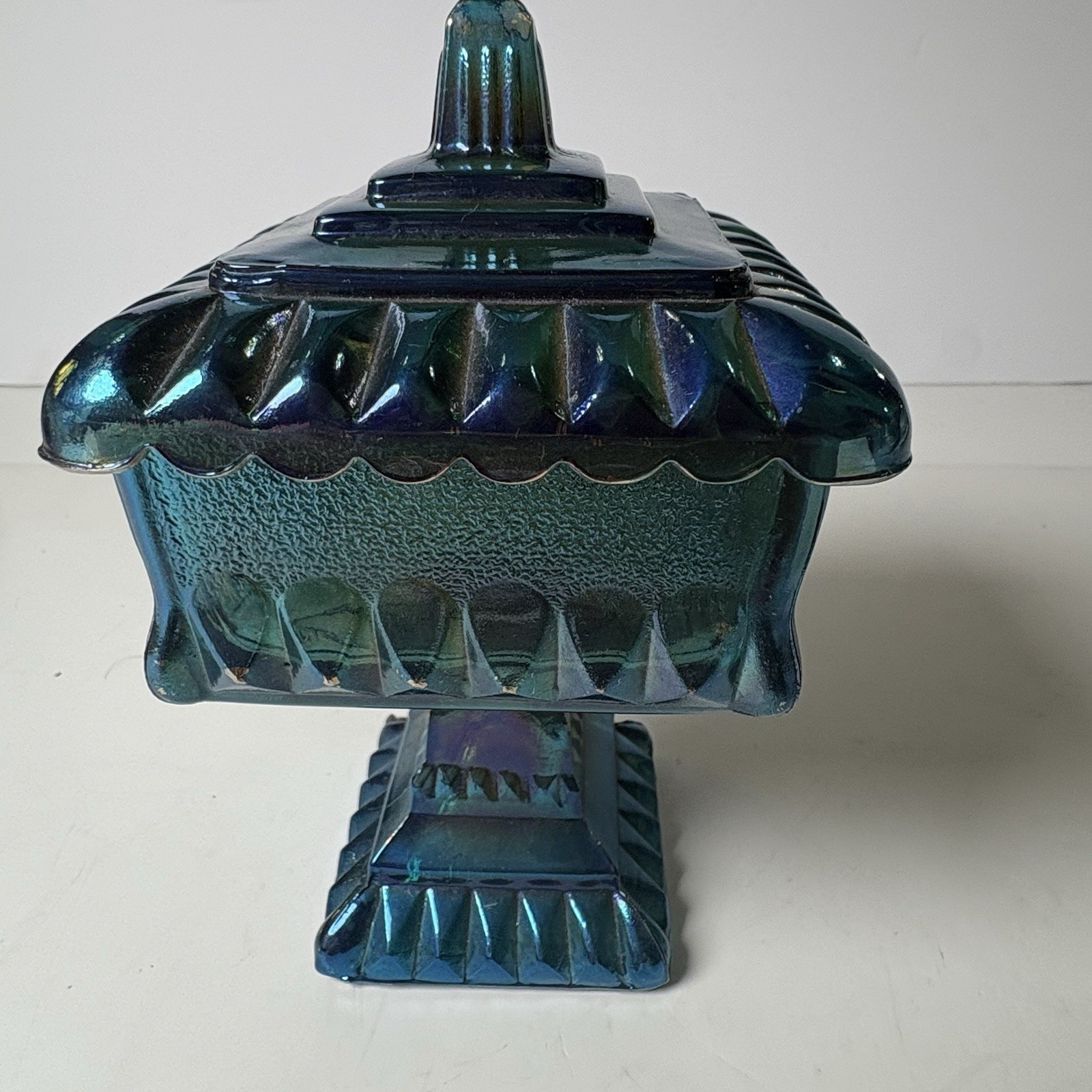 Vintage Jeannette Glass Wedding Cake Box Candy Dish Iridescent Blue Green 1960s