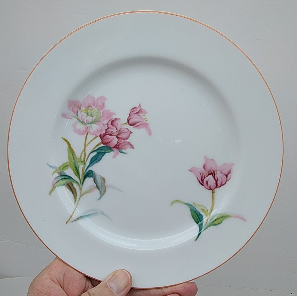 6 Noritake Pink Floral Salad or Dessert Plates White Pink Green Leaves Vintage