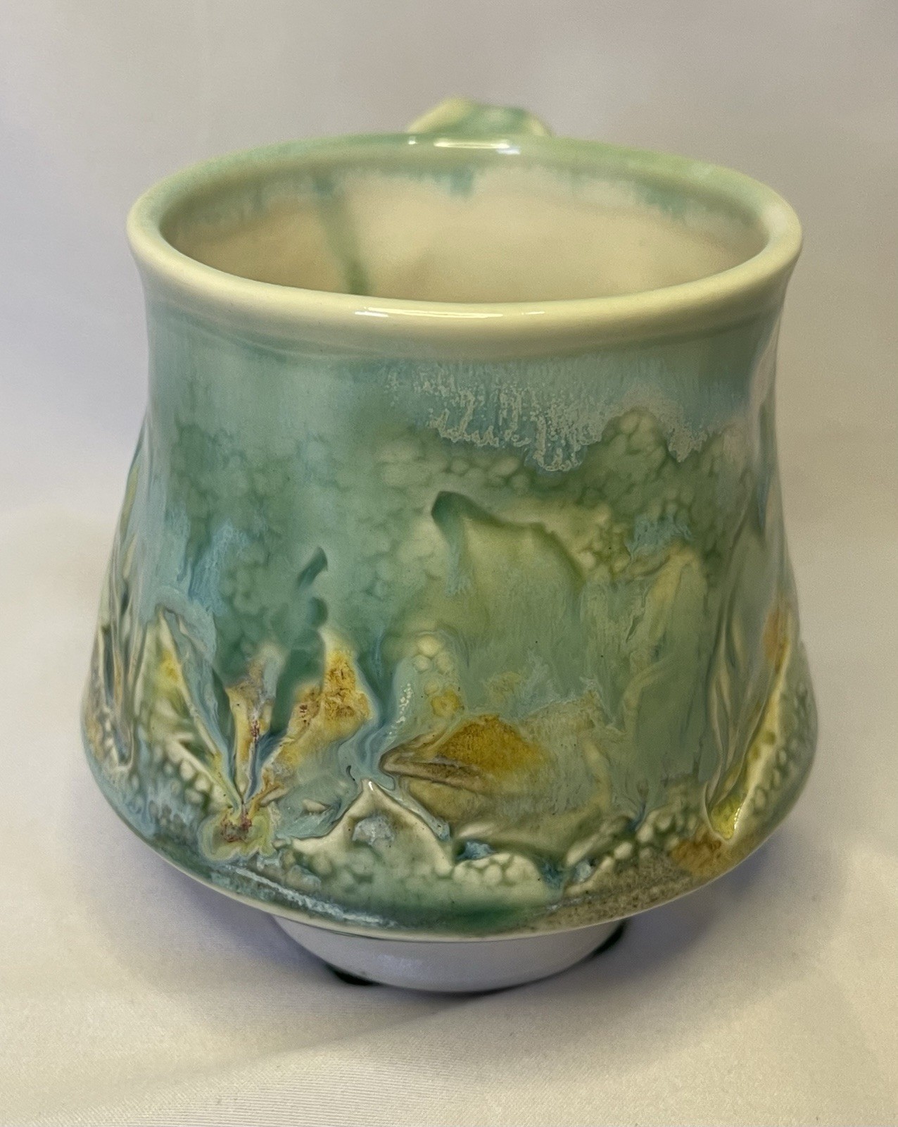 Handmade Studio Art Pottery Mug Leaf Imprint Green Drip Glaze signed by artist