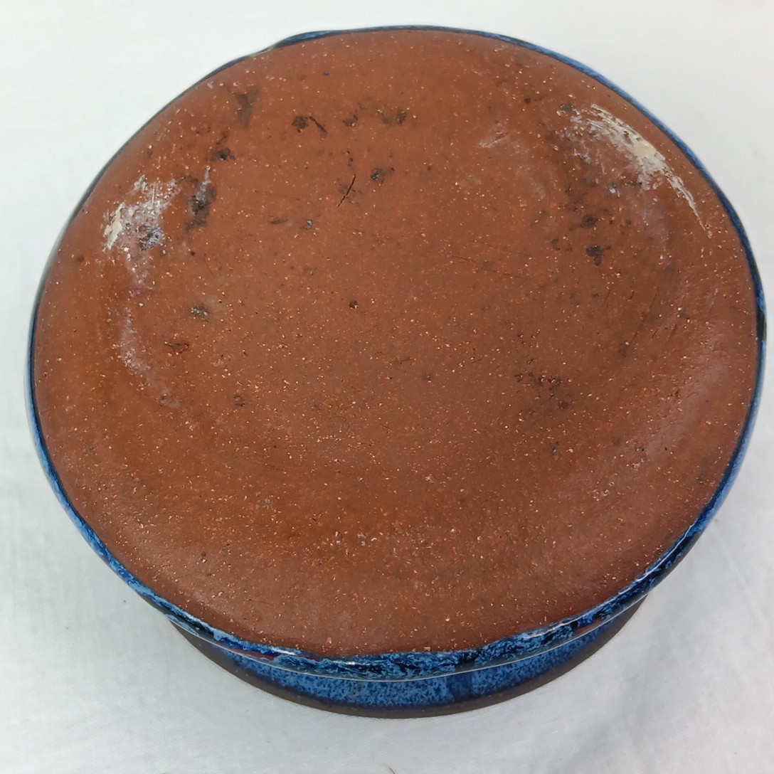 Art Pottery Studio Handcrafted Bowl Red Clay Blue Brown Glaze Slanted Angled