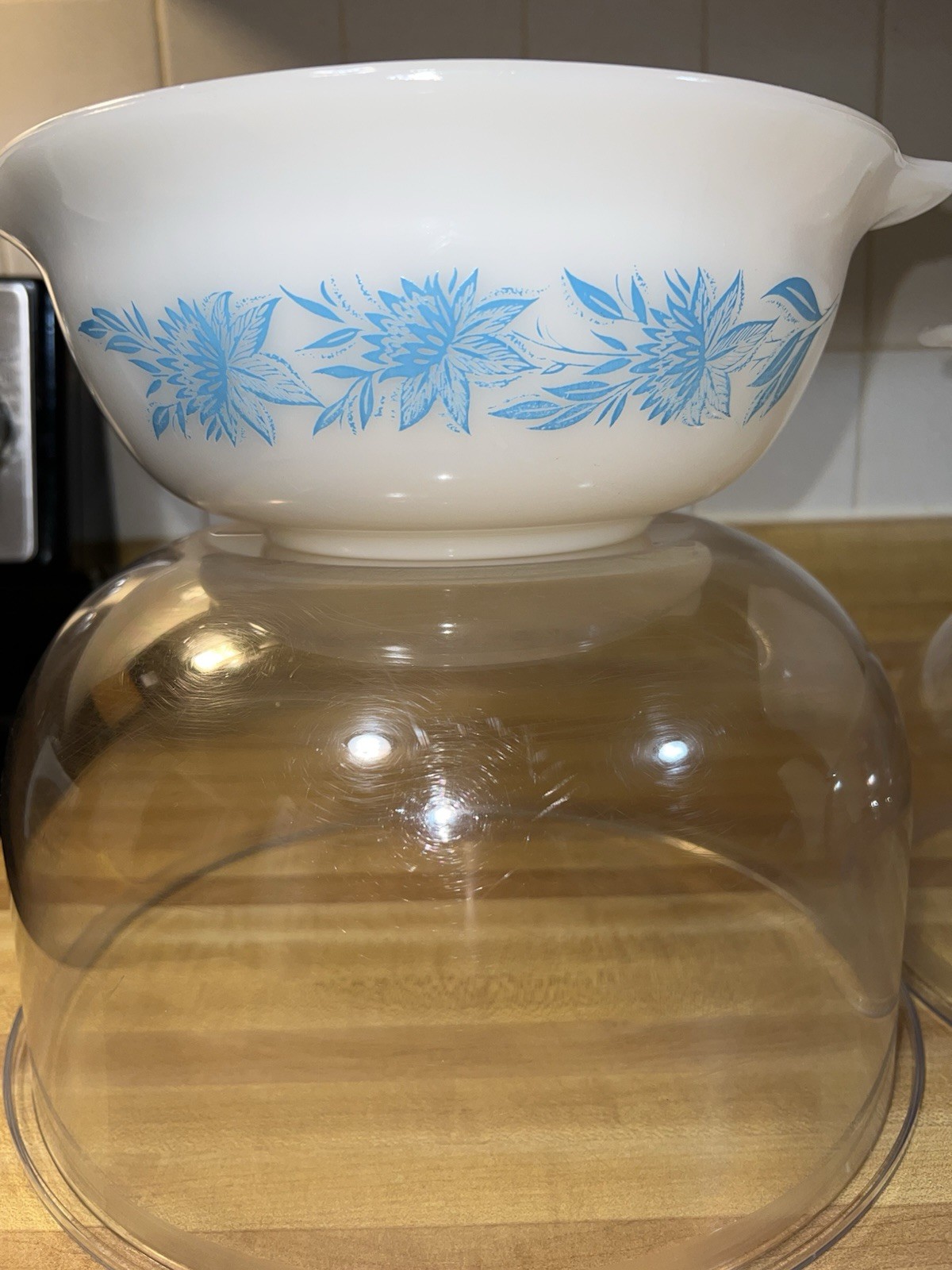 Vintage Glasbake Milk Glass Blue Thistle Flower Bowl Set Of 2 EUC 8.5 And 9”