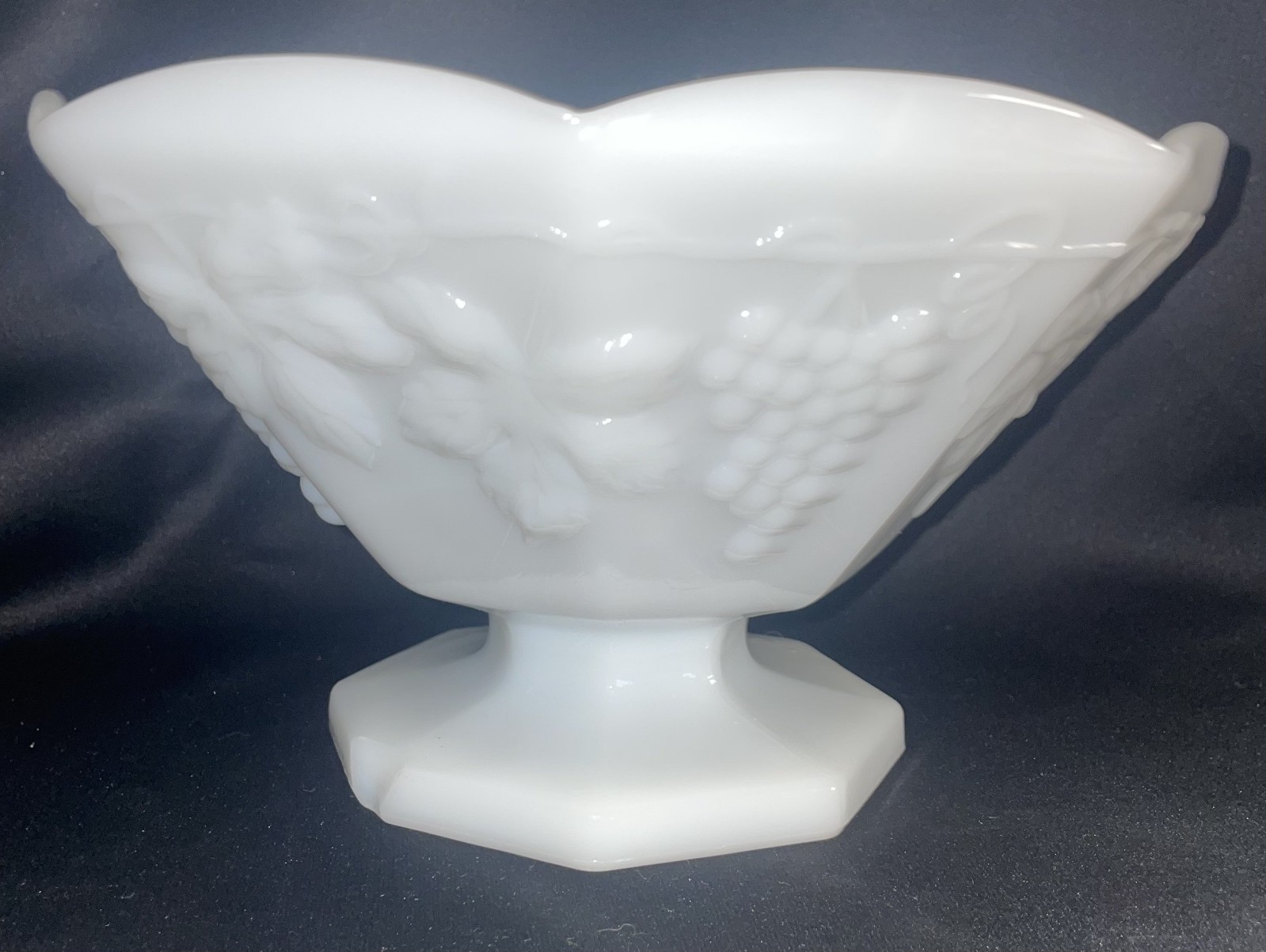 Milk Glass Grapes and Leaves Footed Pedestal Fruit Bowl Octagon 9 1/2 Inches