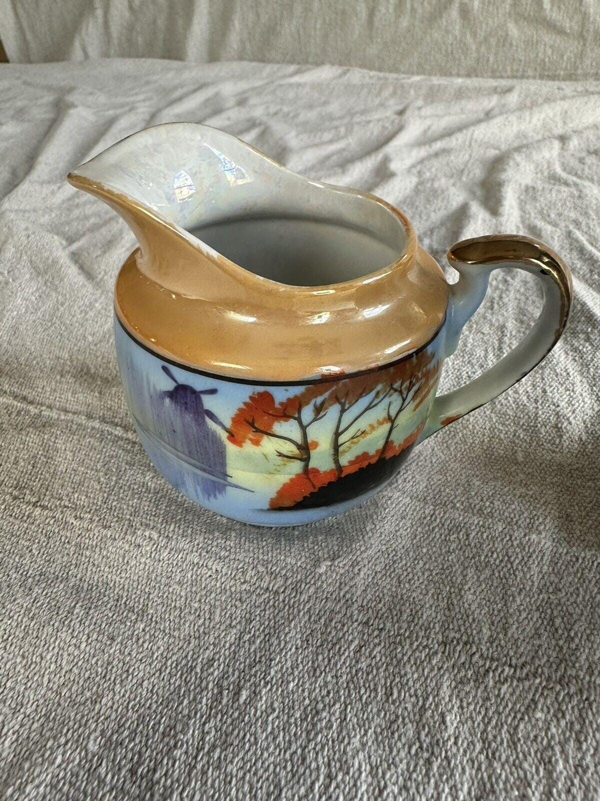 VTG Creamer and Sugar Bowl Japan Lake Trees Windmill Blue Orange Gold Trim