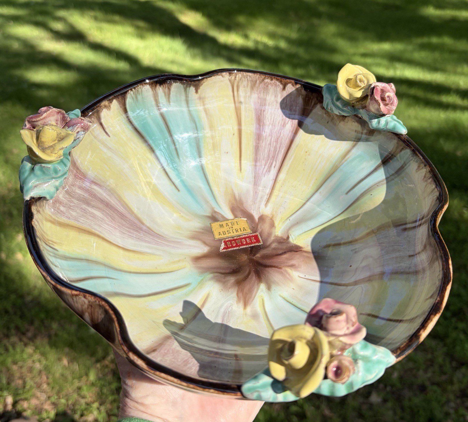 Austrian Anowork art pottery bowl w/ multi -colored drip glaze. New