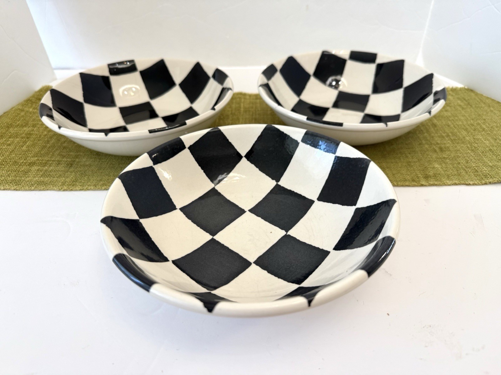 Vtg 3 Royal Stafford Cereal Bowls Black & Cream Chequers 6 3/4” Mckenzie Childs