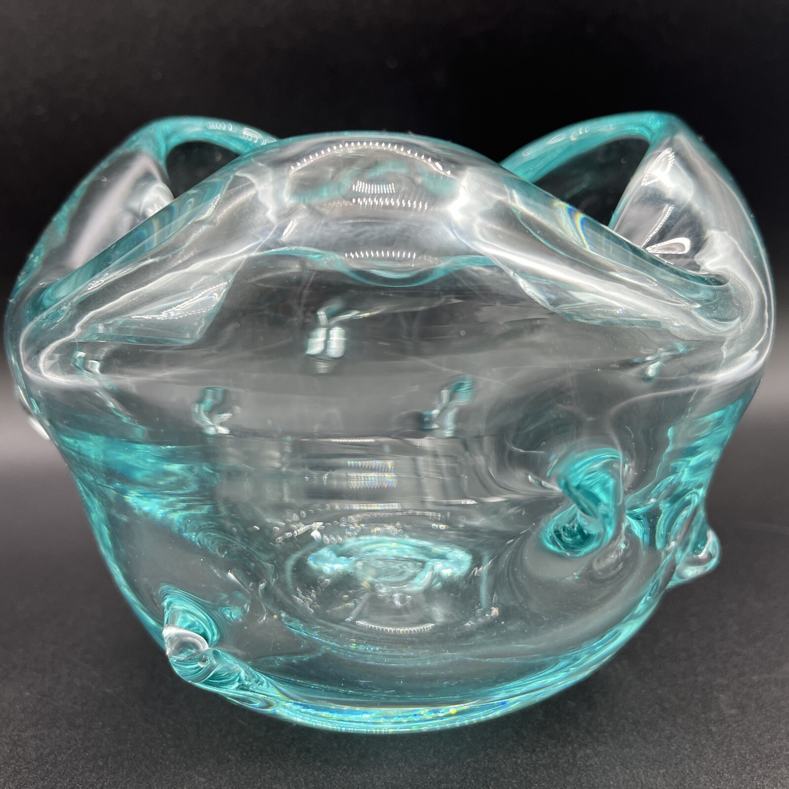 Hand blown Art Glass Bowl Aqua Pinched/Dimpled Sides