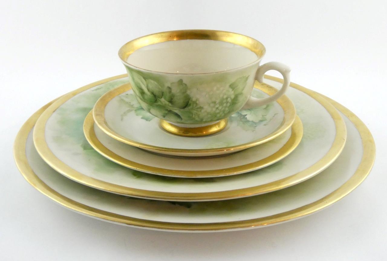 1970s Hand Painted Floral Porcelain 5 Piece Place Setting Hydrangea Signed VGOOD