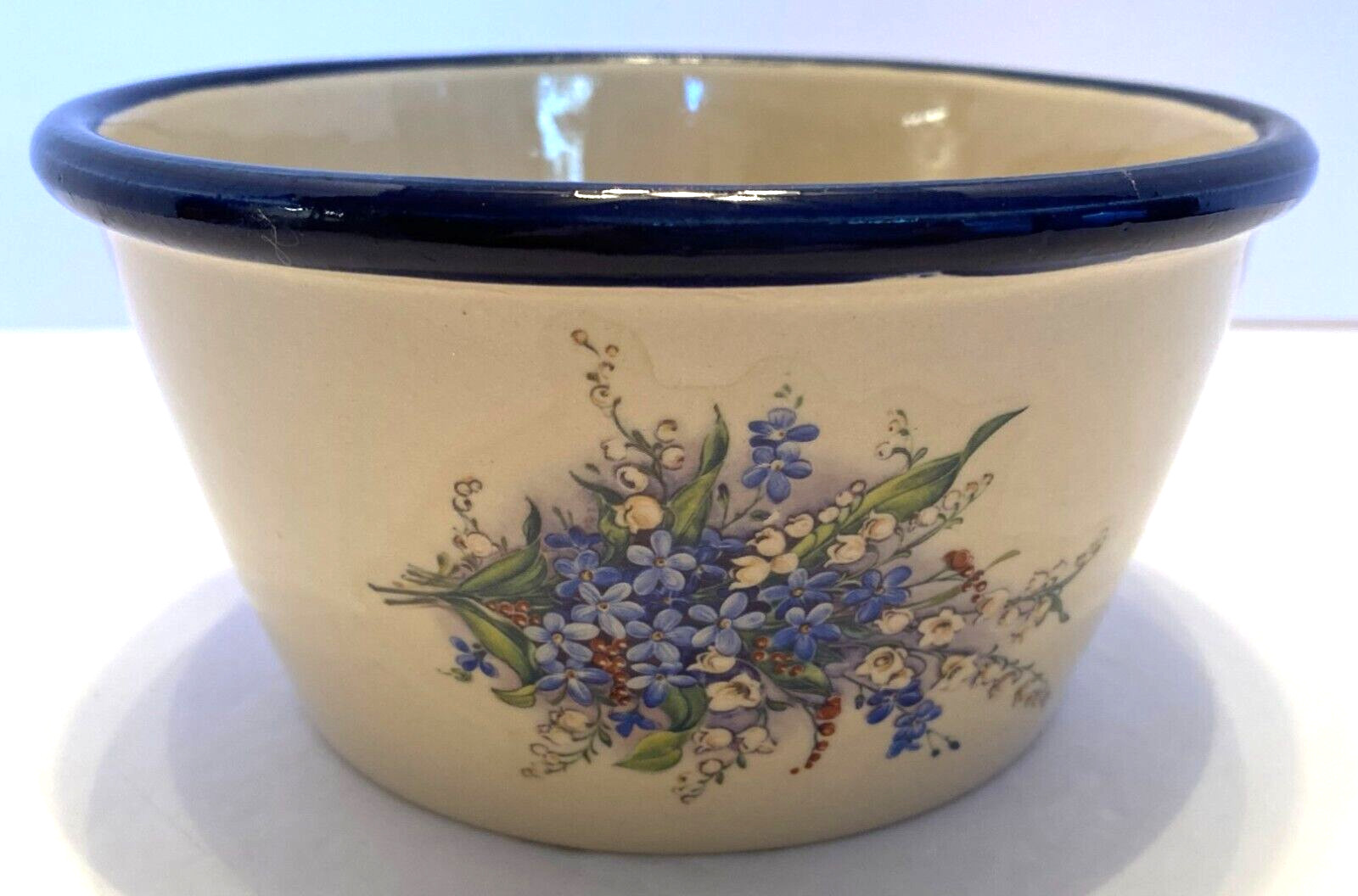 Vintage Blue Rim/Beige Blue Floral 6 Inch-(D) 3″ (H) Country Bowl/Crock/Planter