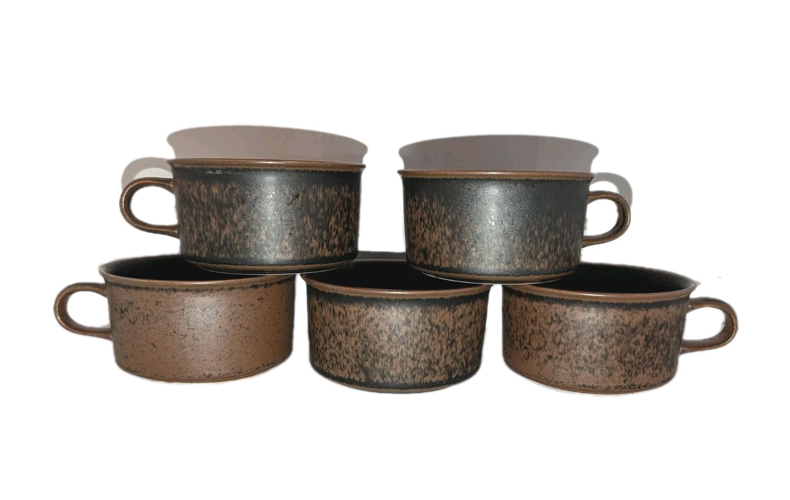 x5 Vtg Arabia Finland RUSKA Cups Brown Flat Drum Mugs Stoneware Mug Cup 4×2⅛” A+