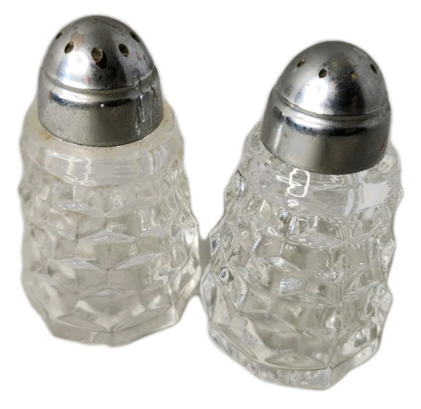 VTG Set of Fostoria American Clear Glass Salt and Pepper Shakers Metal Lid Cap