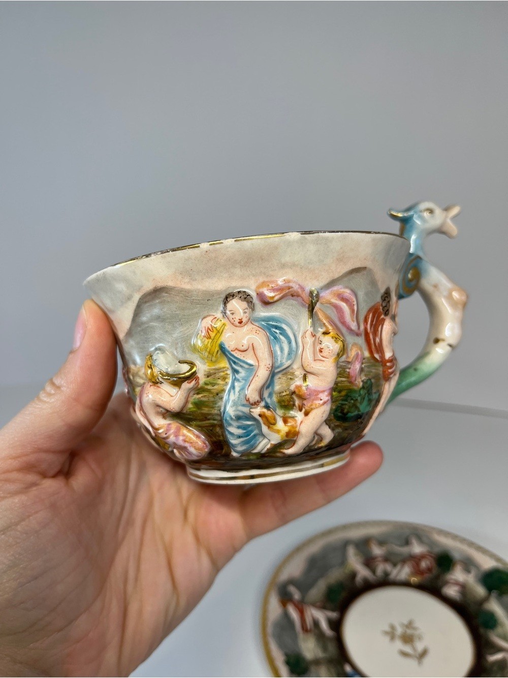 Vintage Capodimonte Italy Demitasse Teacup & Saucer MAS Cherub Dragon Handle MCM