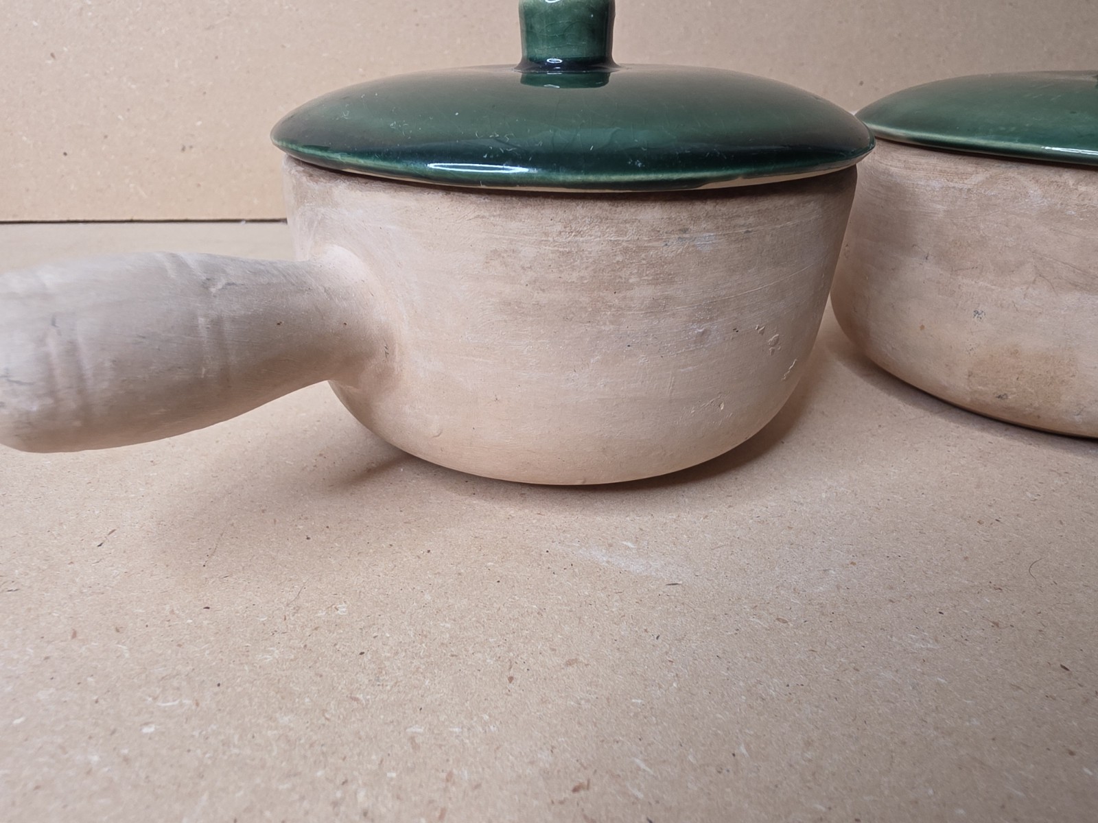 La Solana Pottery Natural Clay Body Green Lid & Body Made 1940/50’s Casserole X2