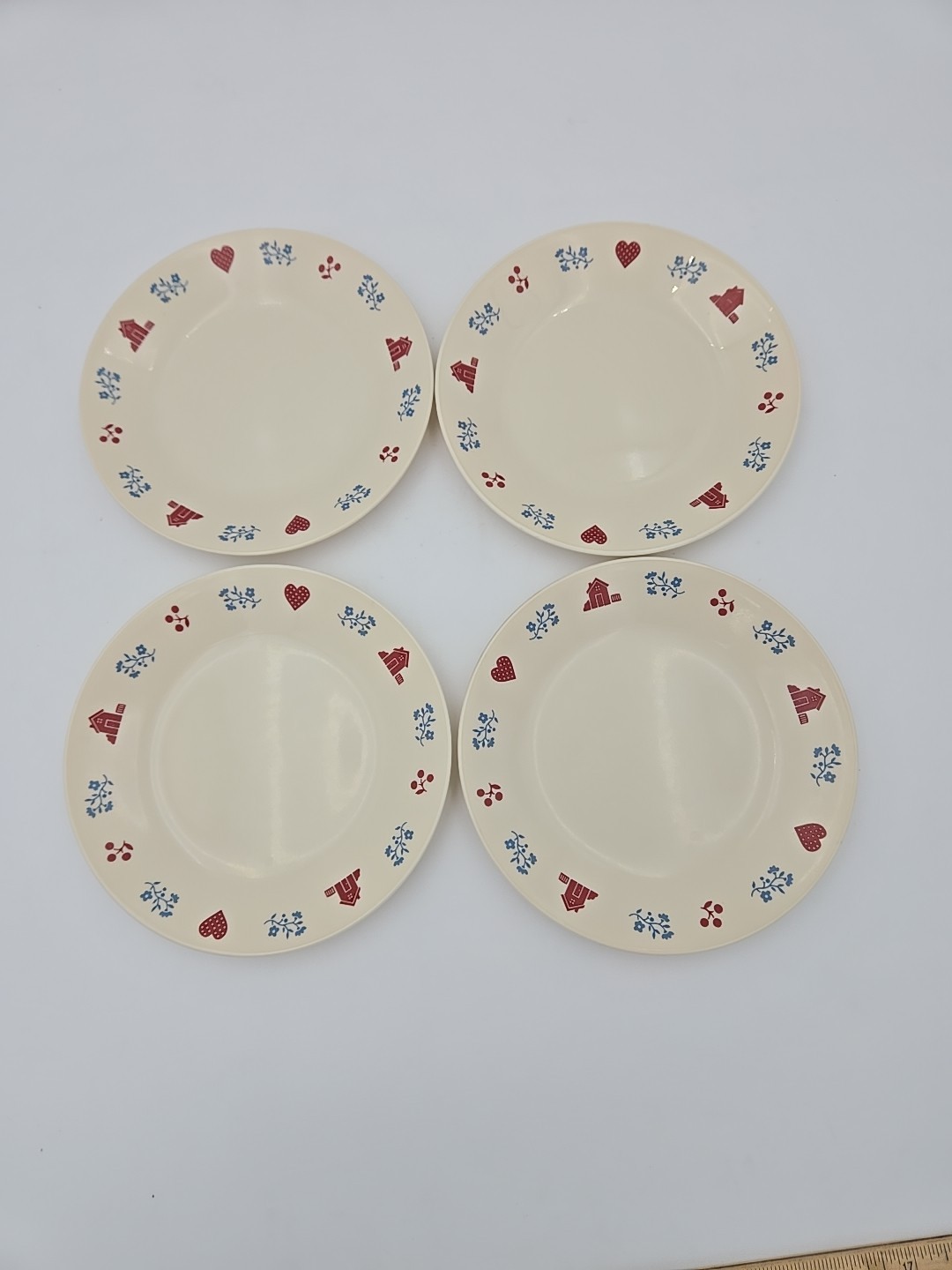 Corelle Hometown Red Hearts and House Blue Flowers Four Piece Bread Plates USED