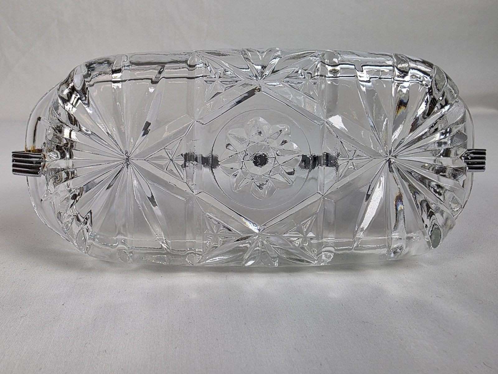 Vintage Glass Relish Tray Chrome Handle Starburst Cut Pattern Candy Dish Server