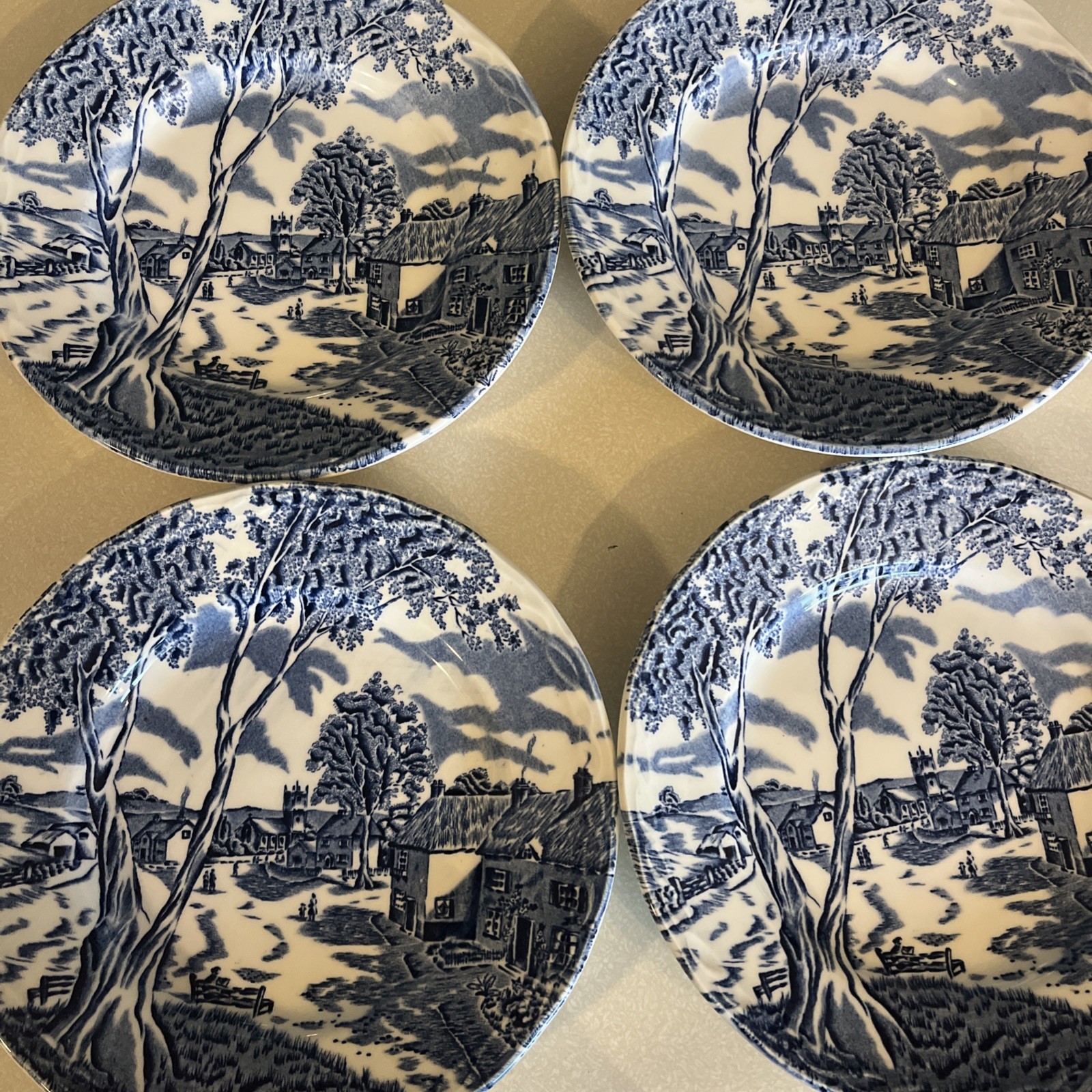 Blue White Plates England “Sunday Morning W.H. Grindley – Four 7” dishes