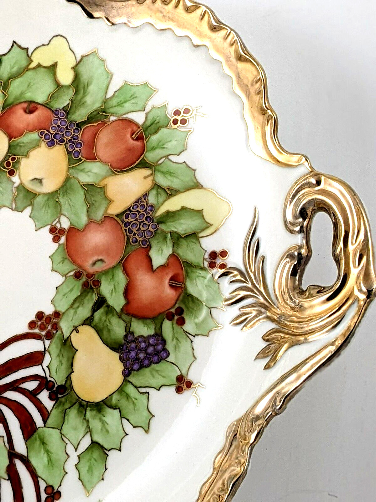 Hand Painted Ceramic Fruit Holly Berry Handled Platter Heavy Gold Trim Signed