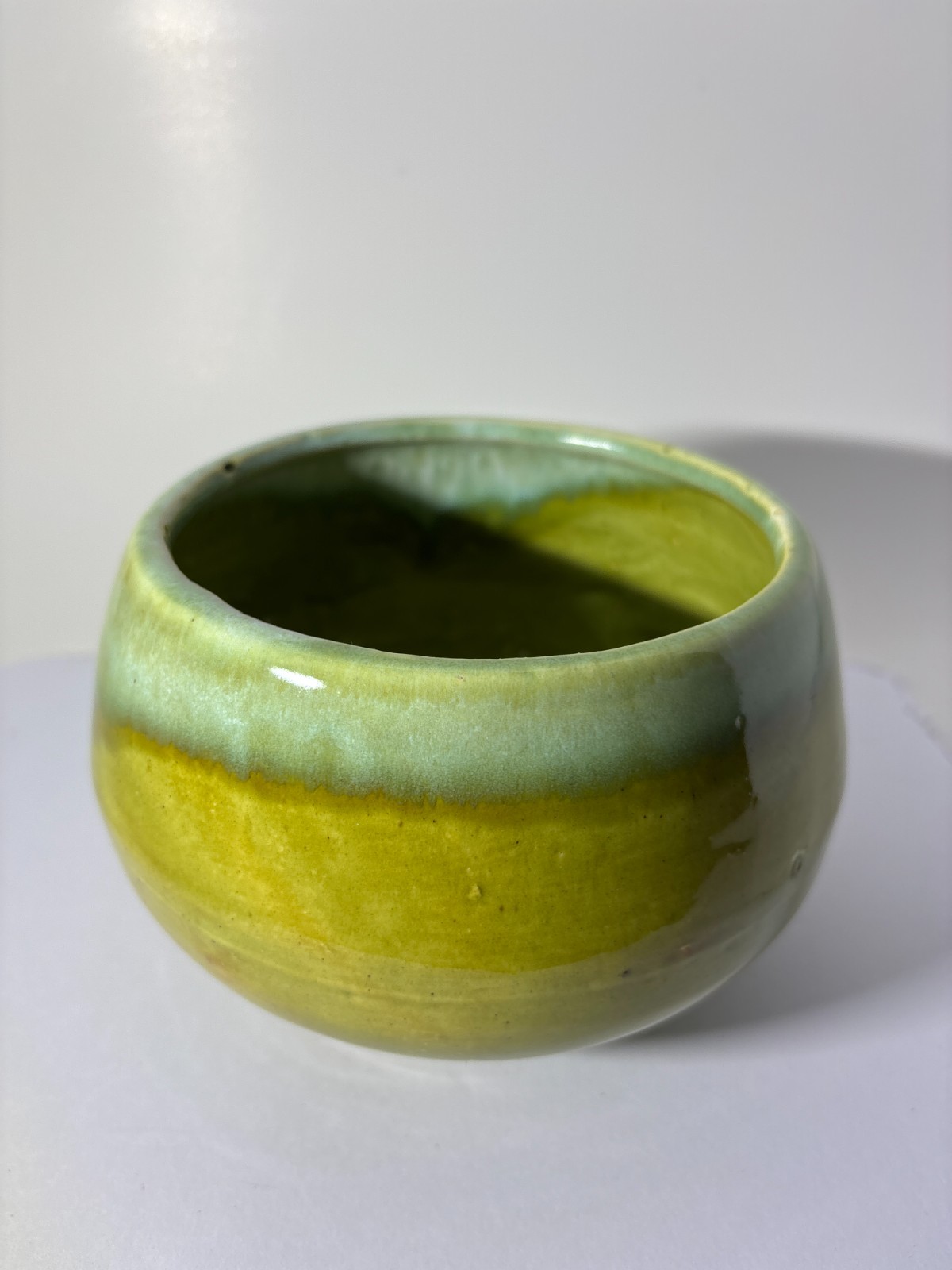 Vintage MCM California Pottery Bowl Green Drip Glaze Calif USA Stamped J-2