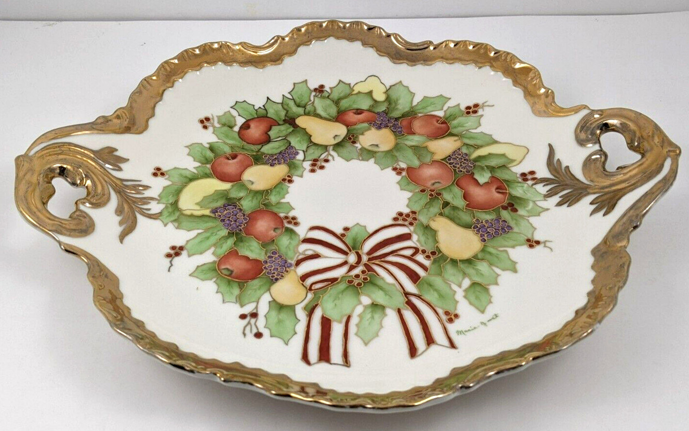 Hand Painted Ceramic Fruit Holly Berry Handled Platter Heavy Gold Trim Signed