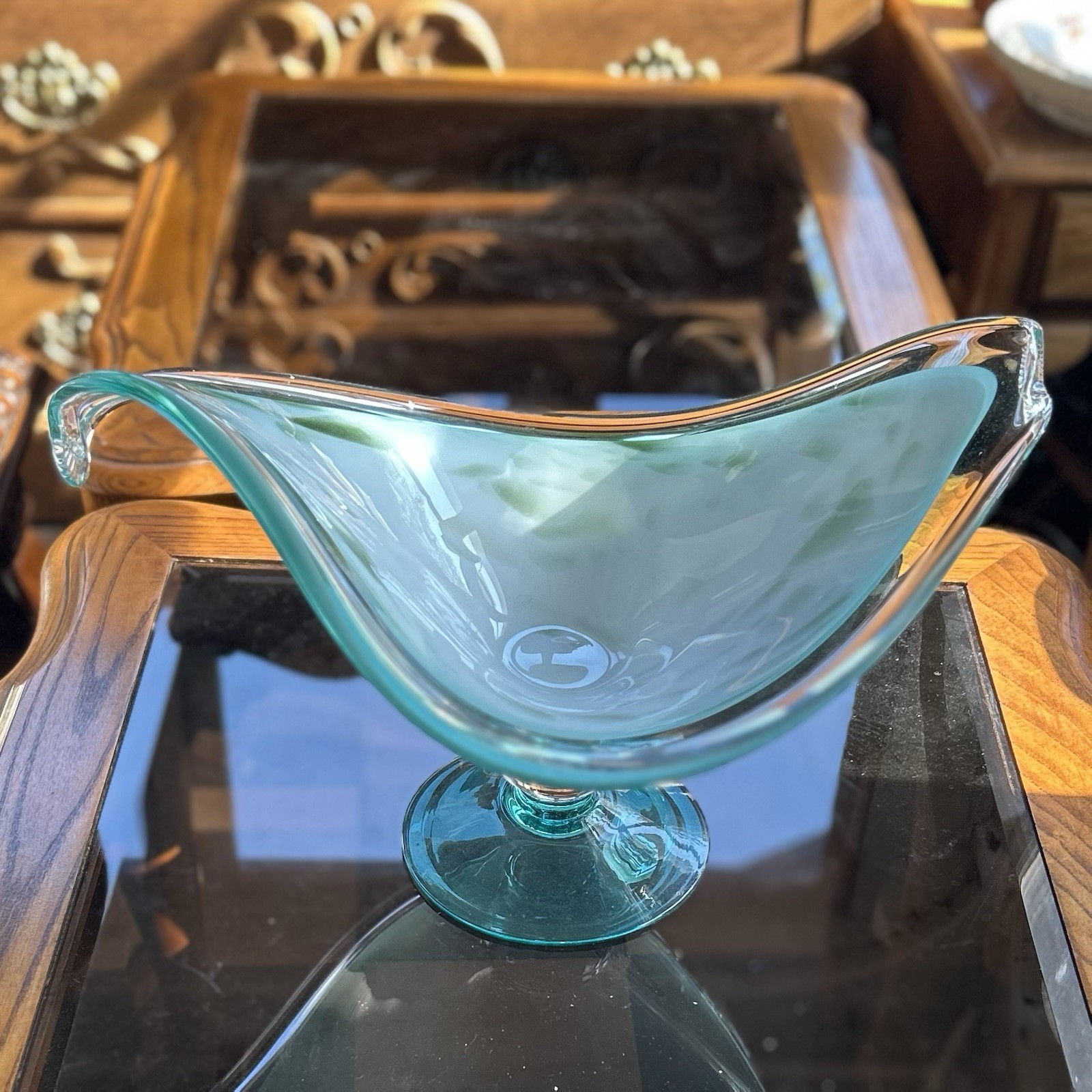Murano Sommerso Art Glass Pedestal Bowl Blue White Green Swirl 10 in x 8 in