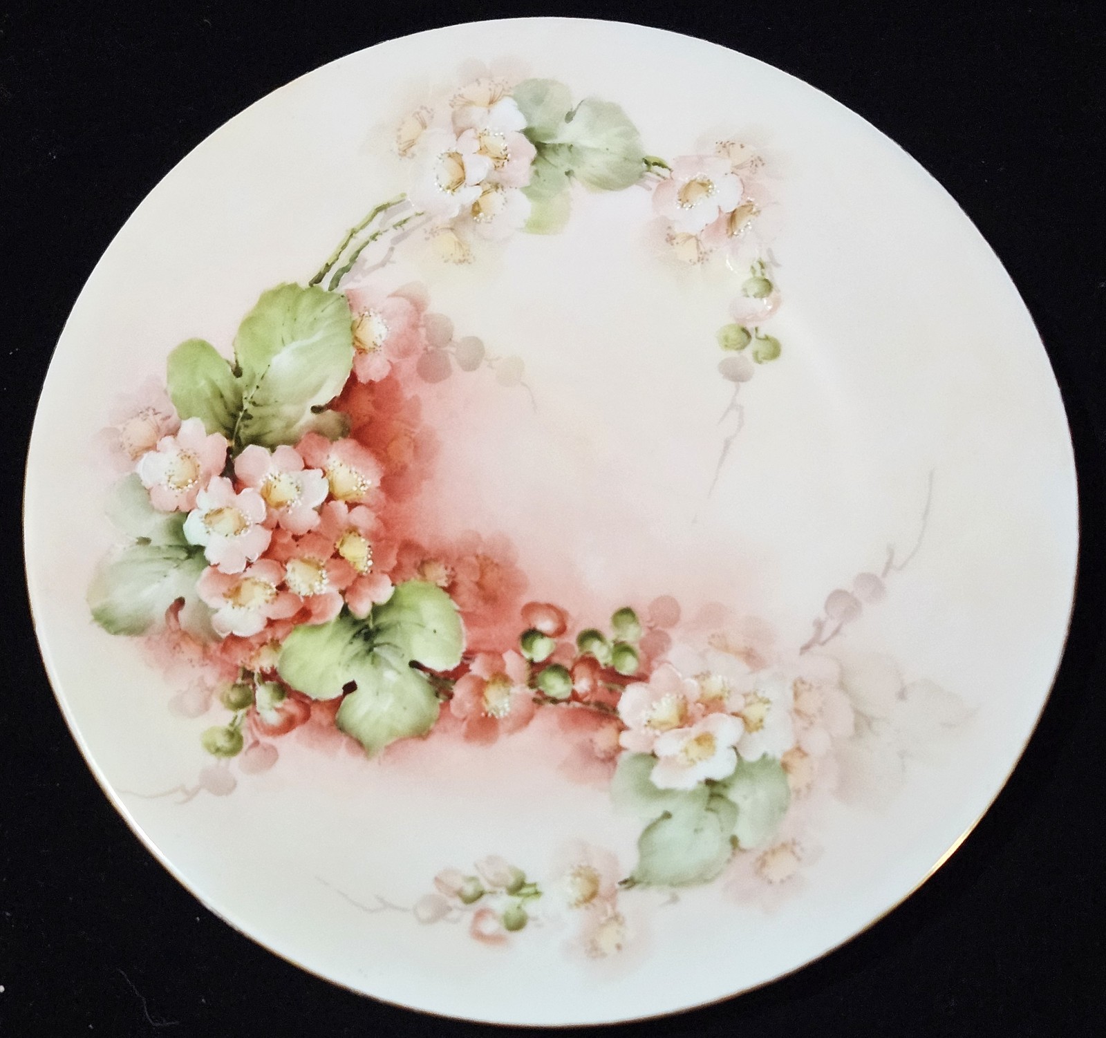 Antique White Pink Green Floral Plate Hand-painted Porcelain Cottagecore