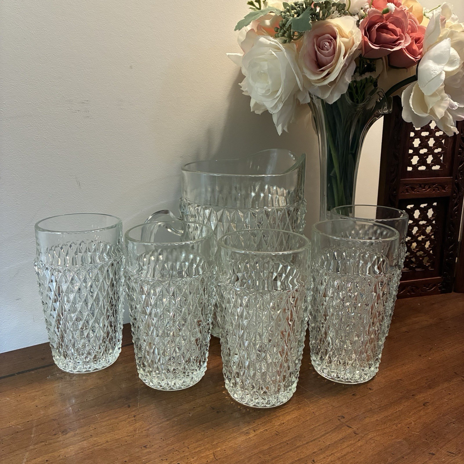 Vintage Indiana Glass Co. Pitcher Clear Diamond Point 52 oz+5 Glasses Water Tea