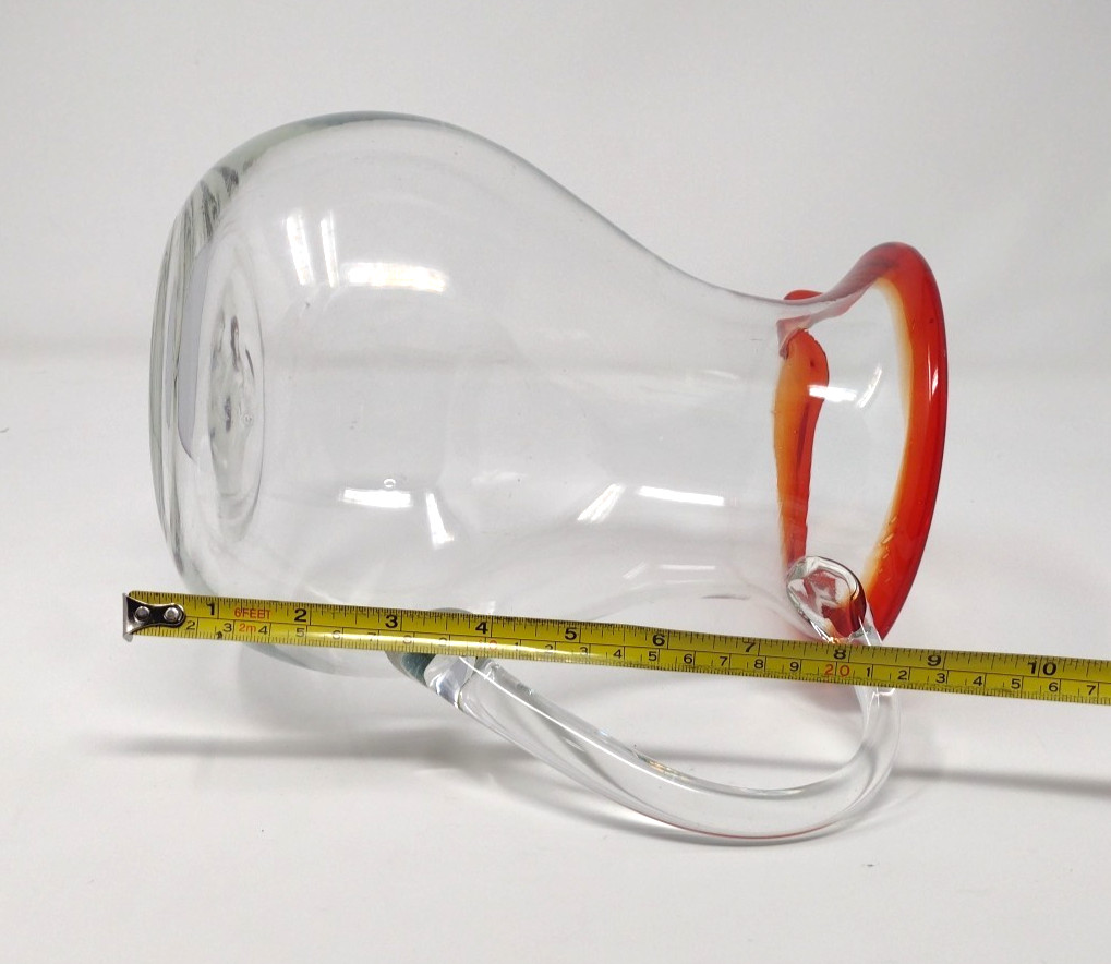 Mexican Handblown Red Rim Glass Pitcher Large 8 3/4″