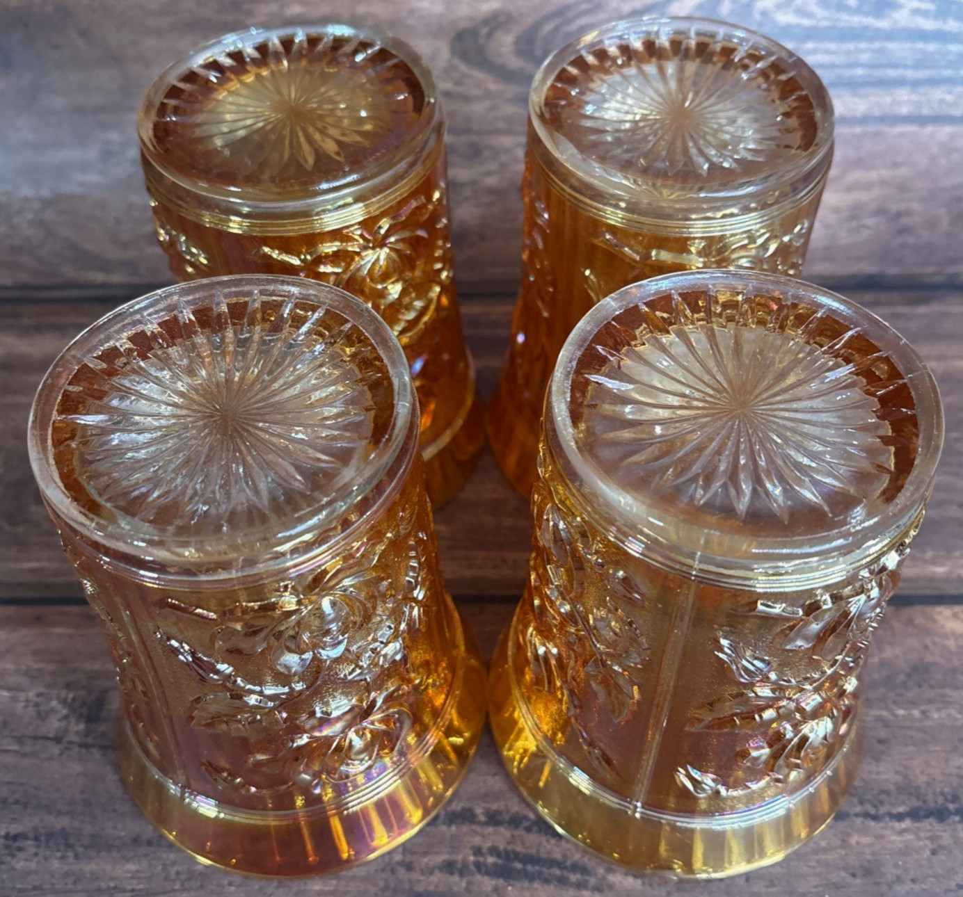 Vintage Imperial Marigold Carnival Glass Water Pitcher With Set of Four Glasses