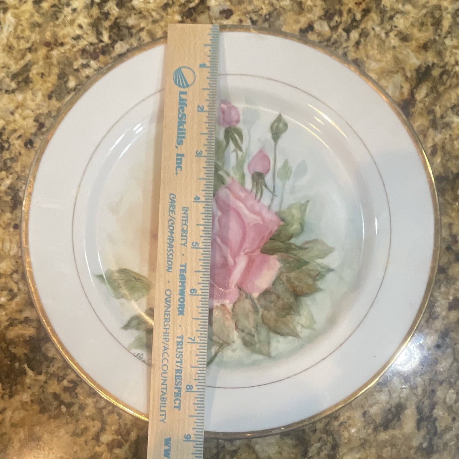 Porcelain Floral Rose Plate White Pink Green Gold Rim Round 8 in China