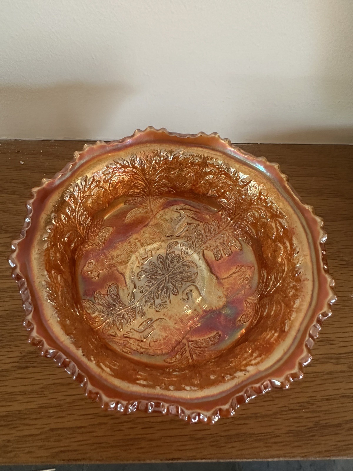 Fenton Marigold Carnival Glass Panther Fern Footed Console Bowl 5″ Antique