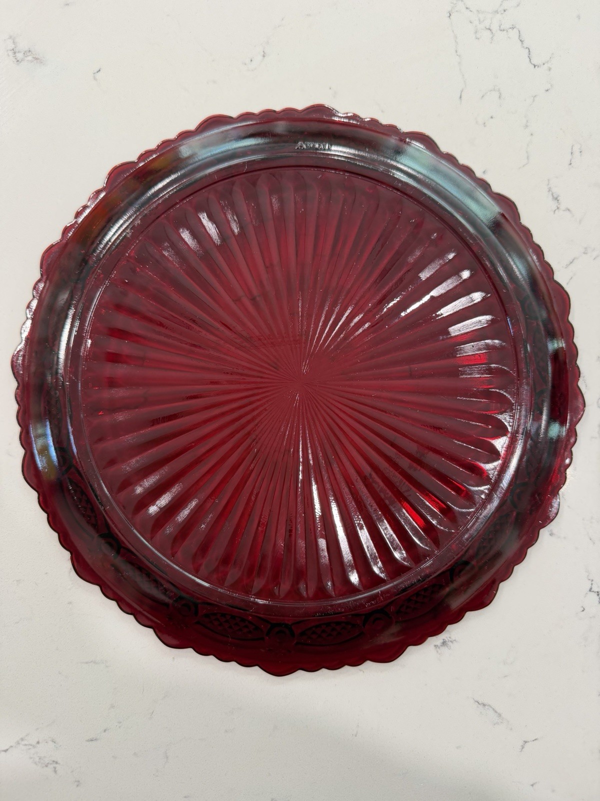 Vintage Avon Ruby Red Glass Serving Plate 10” Scalloped Border Decor