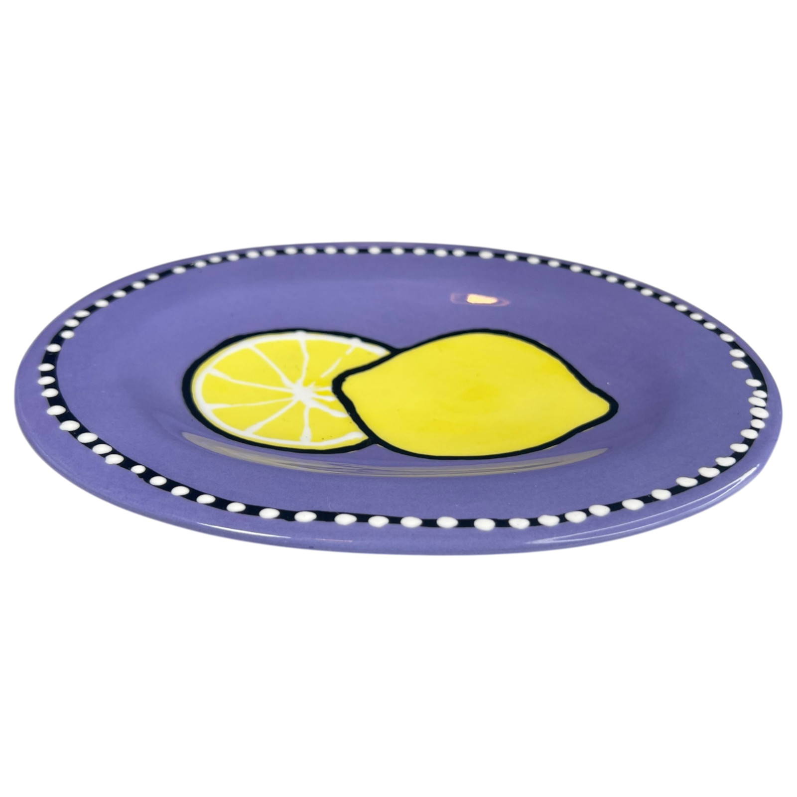 Berryware Lemon Oval Serving Plate 9” Purple Polka Dot Black White USA