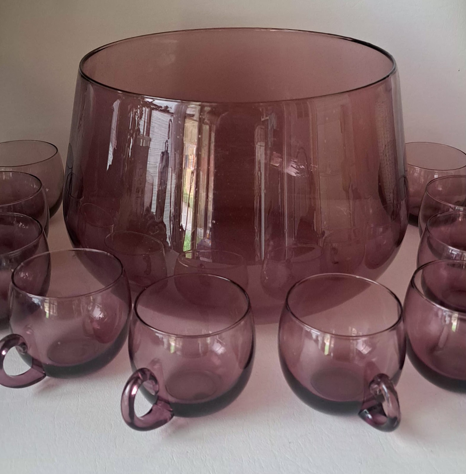 Vintage Made In Italy Murano Amethyst Purple Glass Punch Bowl Set