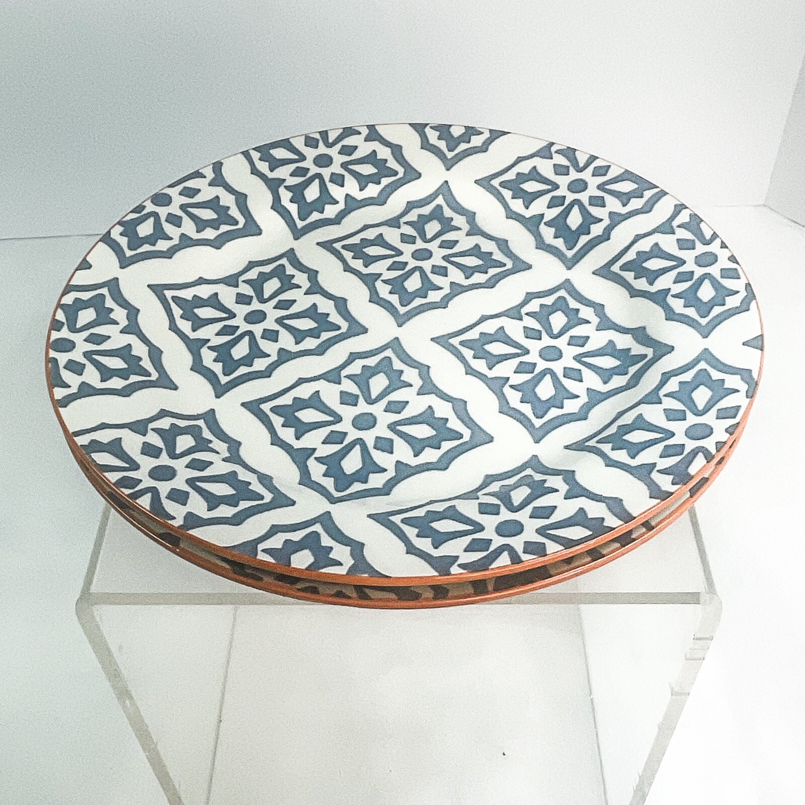 Baum Salad Plate set of Two SEVILLE blue design on off white brick Red edge 8″